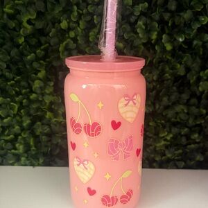 Pink Cherry & Heart 16oz plastic Libbey cup with Straw